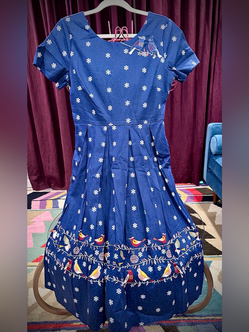 Banned Retro fit and flare navy blue with embroidered bird border - never worn